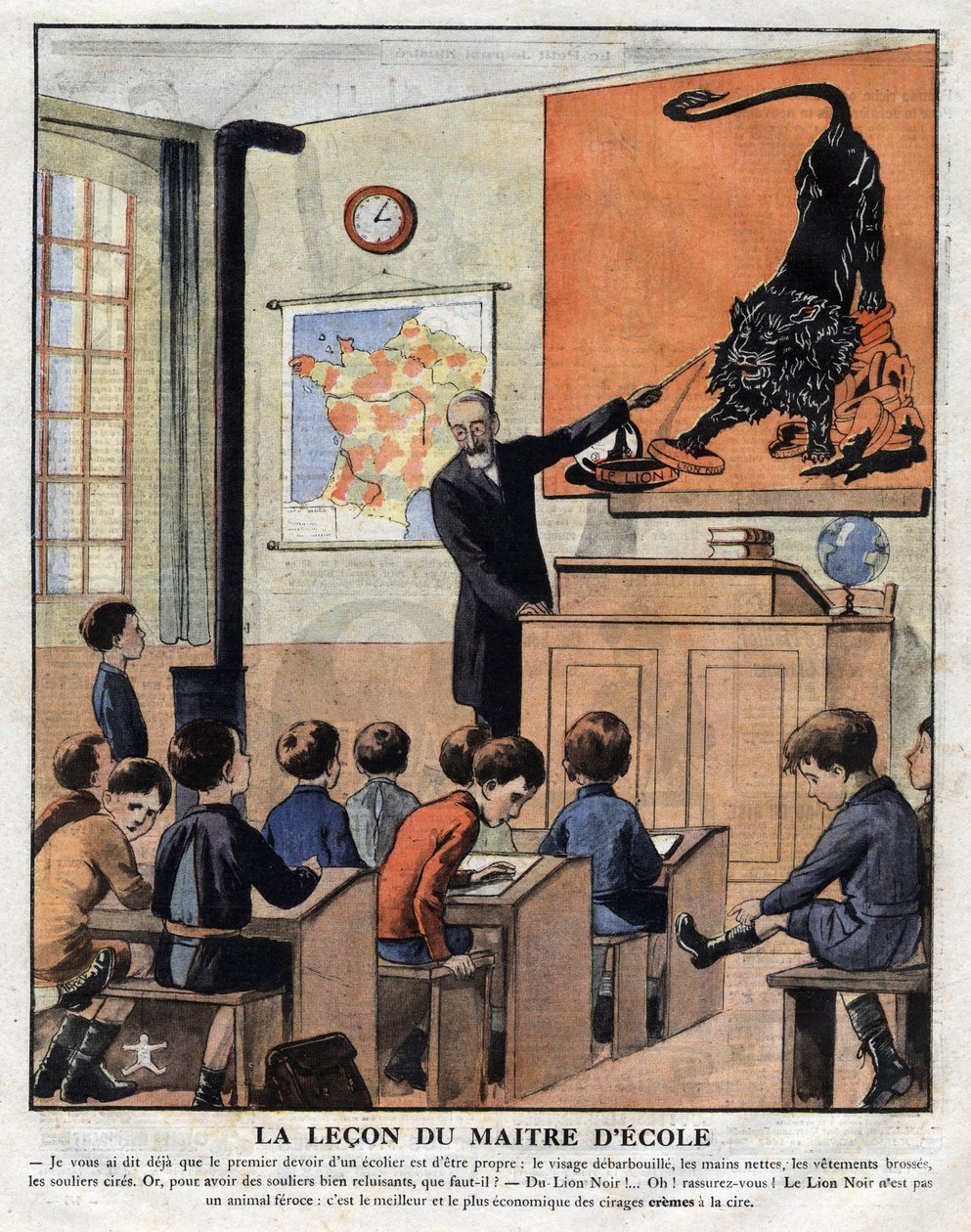 Courses in good manners at school, a teacher teaches school students how to use polish to make shoes shine. Advertising illustration from “” Le petit journal”” from 29/11/1925 Collection privee av Anonymous Anonymous