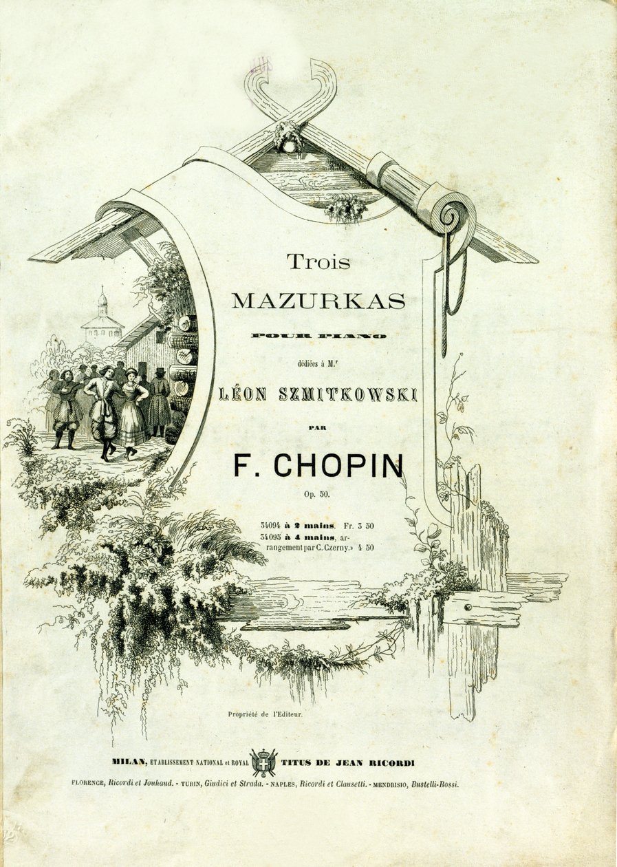 Cover av "Three mazurkas for piano, Opus 50"" dedikert til Leon Szmitkowski komponert av Frederic Chopin (1810-1849). av Anonymous Anonymous