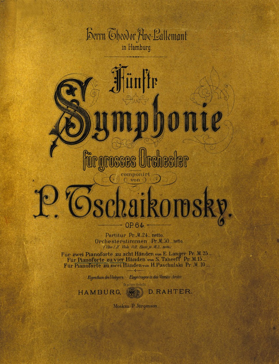 Cover av partituret til symfonien n. 5 i e-moll opus 64 av Piotr eller Petr Iljitsj Tsjaikovskij (eller Tsjaikovskij eller Ciajkovskij eller Tsjajkovskij av Anonymous Anonymous