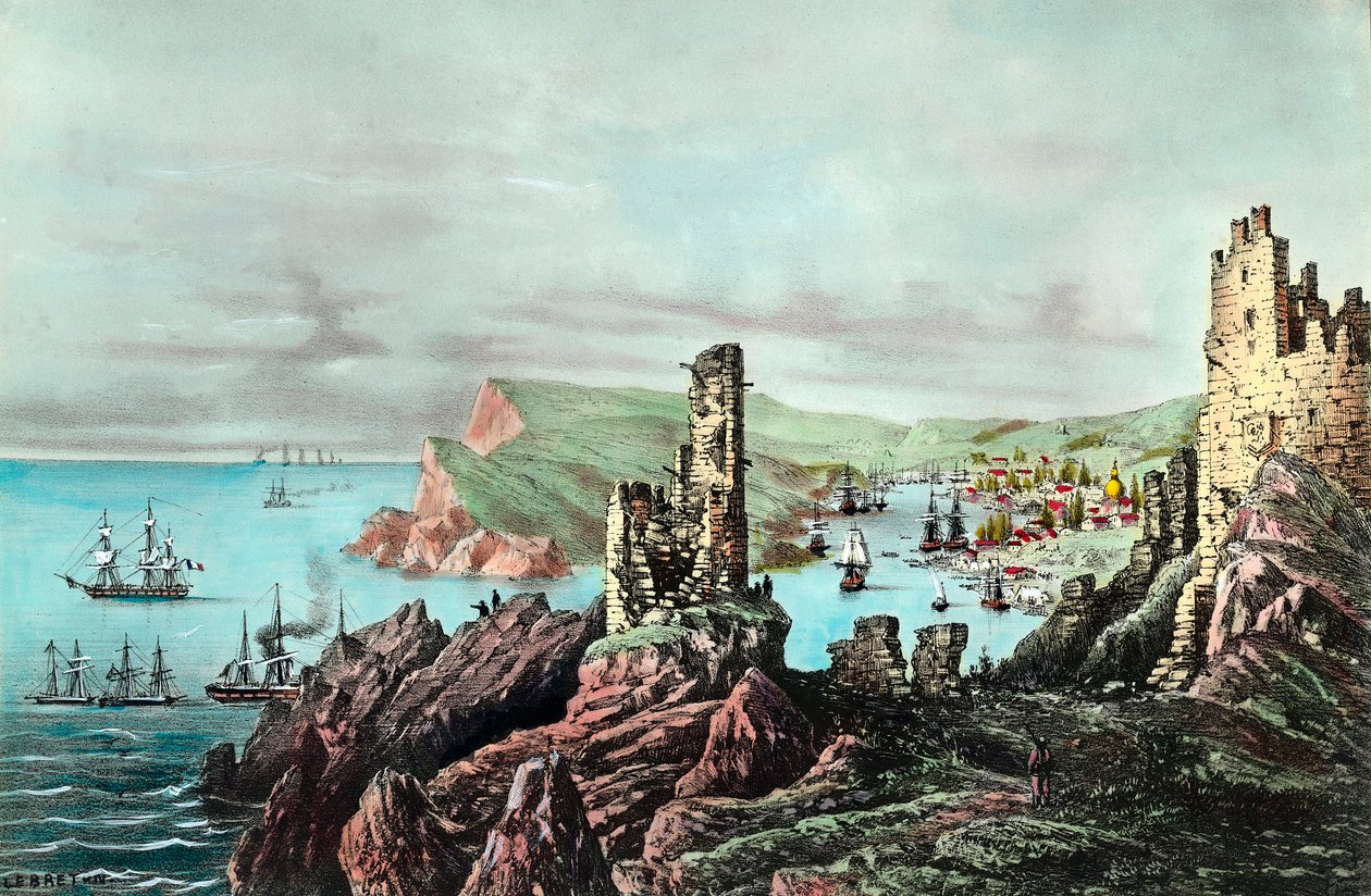 Crimee War: utsikt over Balaklava havn i Crimee. Gravering rundt 1854-1855. Privat samling av Anonymous Anonymous