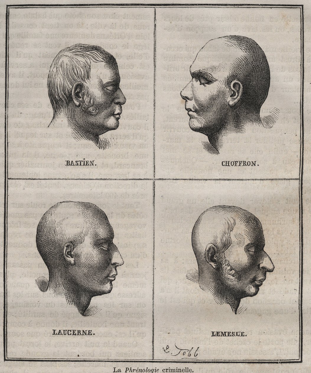 Criminal Phrenology in the Brest Bagne (portretter som skildrer de fysiognomiske egenskapene til forskjellige typer kriminelle). Gravering i "Historien om straffedømte fra deres skapelse til i dag"" (1877) av Pierre Zaccone (1817-1895) (Colonia Penale - Pe av Anonymous Anonymous
