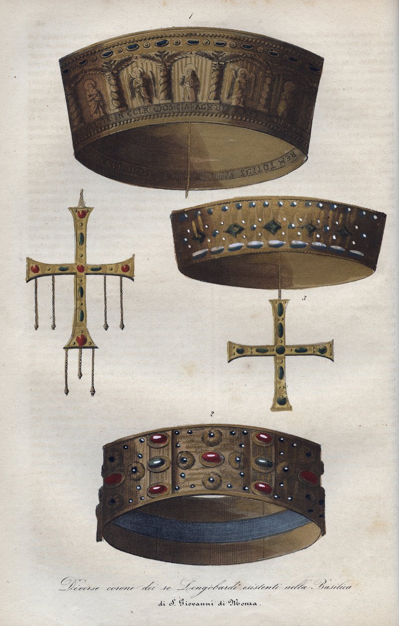 Kroner av Suverians of the Lombard Kingdom (568-774), bevart i Basilica of Saint John of Monza - Ulike kroner av Lombard-kongene bevart i Basilica of San Giovanni di Monza - gravering fra "" Usi e Costumi di Tutti i i Popoli dell av Anonymous Anonymous
