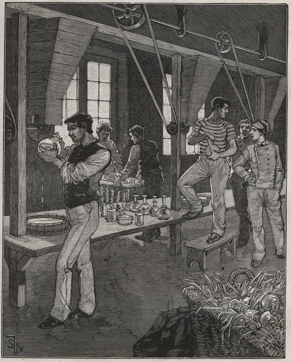 Krystallgraververksted i Frankrike på 1800-tallet. Gravering fra 1885 i "" Les arts et metiers illustres"" av Adolphe BITARD. av Anonymous Anonymous