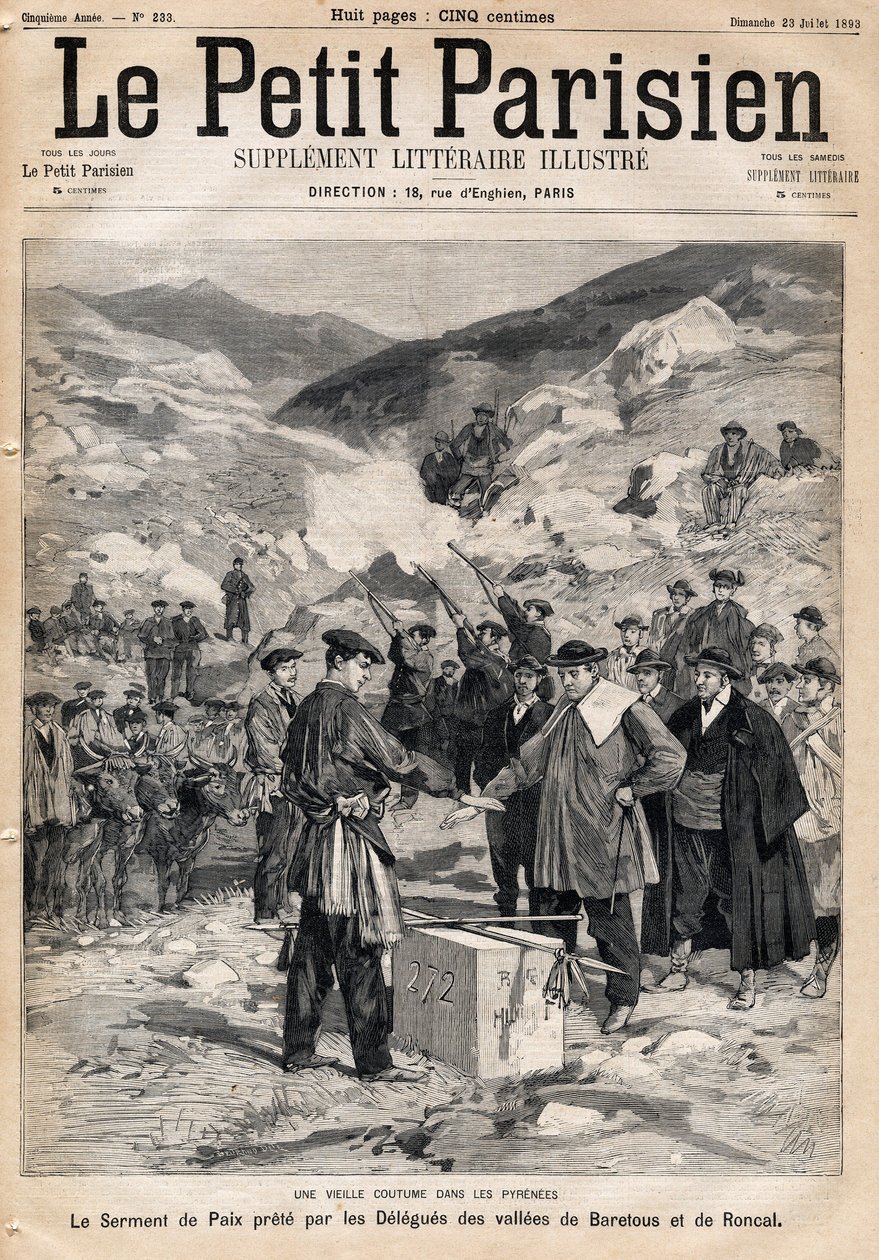Skikken med pyreneene: fredseden avlagt av delegatene i dalene Baretous og Roncal. En av avisen "" Le Petite Parisien"" den 23.07.1893. av Anonymous Anonymous