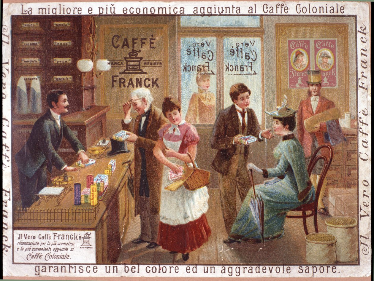 Kunder på en matbutikk som selger kaffe. Reklame for "Caffe Franck". Kromolitografi, rundt 1900. av Anonymous Anonymous