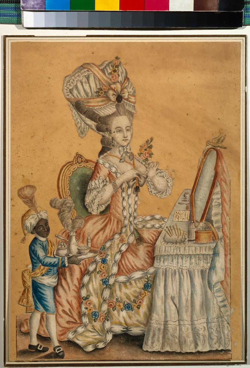 Lady at a Toilet with a Black Boy - Anonymt verk, Akvarell på papir ca. 1770 (29,2 x 21,2 cm) - Tretyakov-statens galleri, Moskva av Anonymous Anonymous