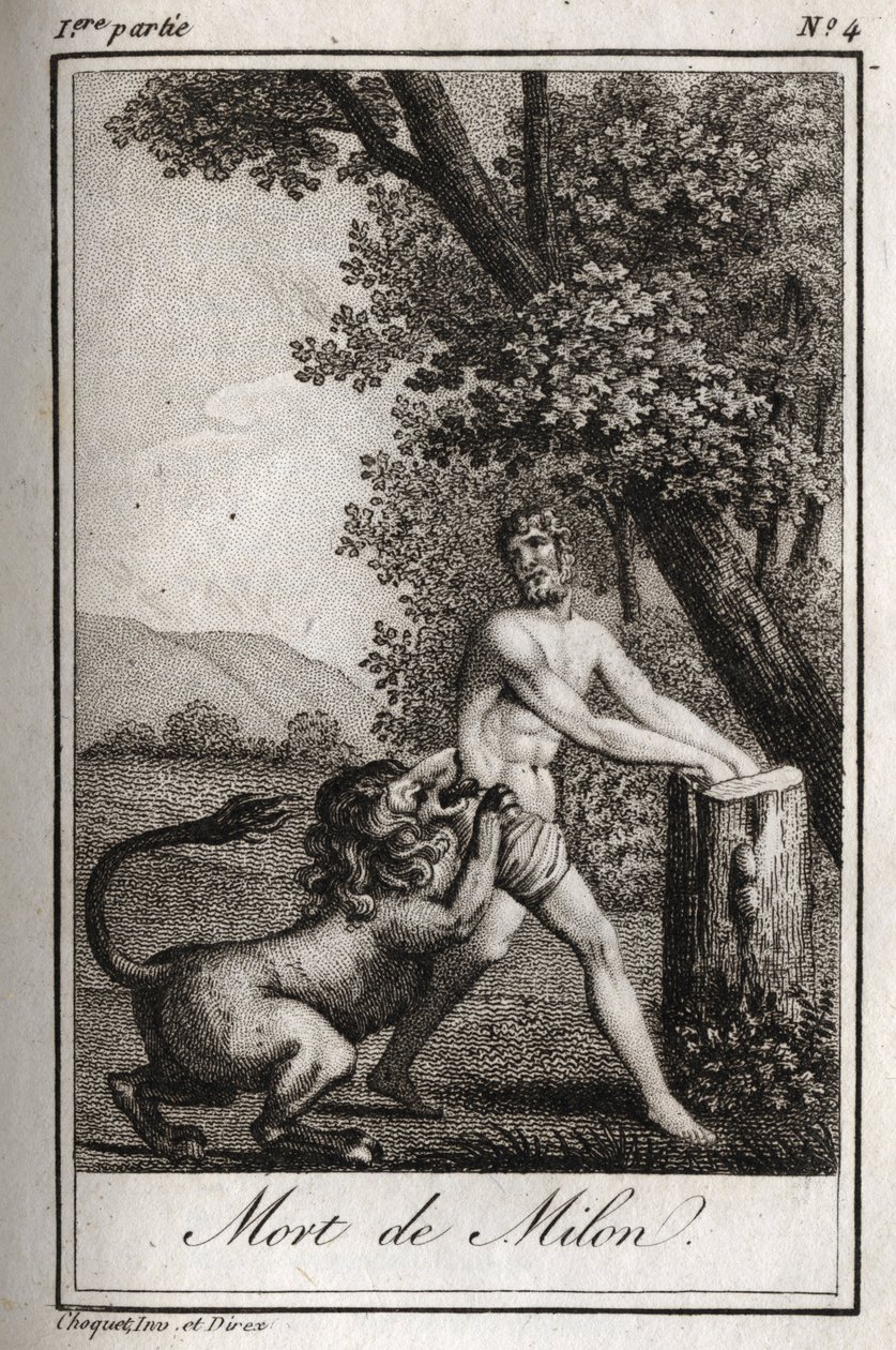 Death of Milon de Crotone (Milo of Croton) devore by a wolf. Engraving from 1819 in “Lettres a Emilie sur la mythologie” by Charles Albert Demoustier (1760-1801). Private collection. av Anonymous Anonymous
