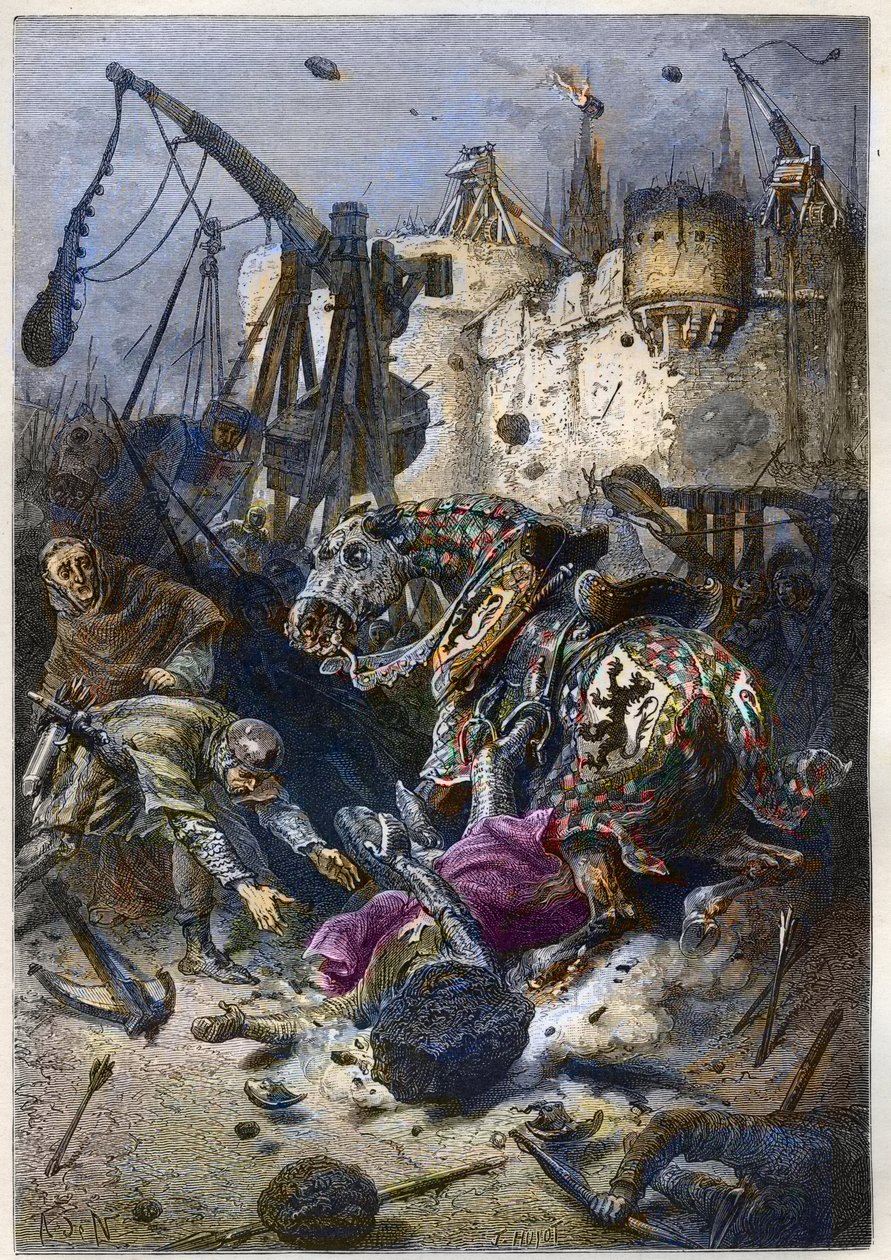 Simon IV av Montforts død (1150-1218) Fransk aristokrat, ved setet i Toulouse i 1218 - Simon de Montforts død under slaget ved Toulouse, 25. juni av Anonymous Anonymous
