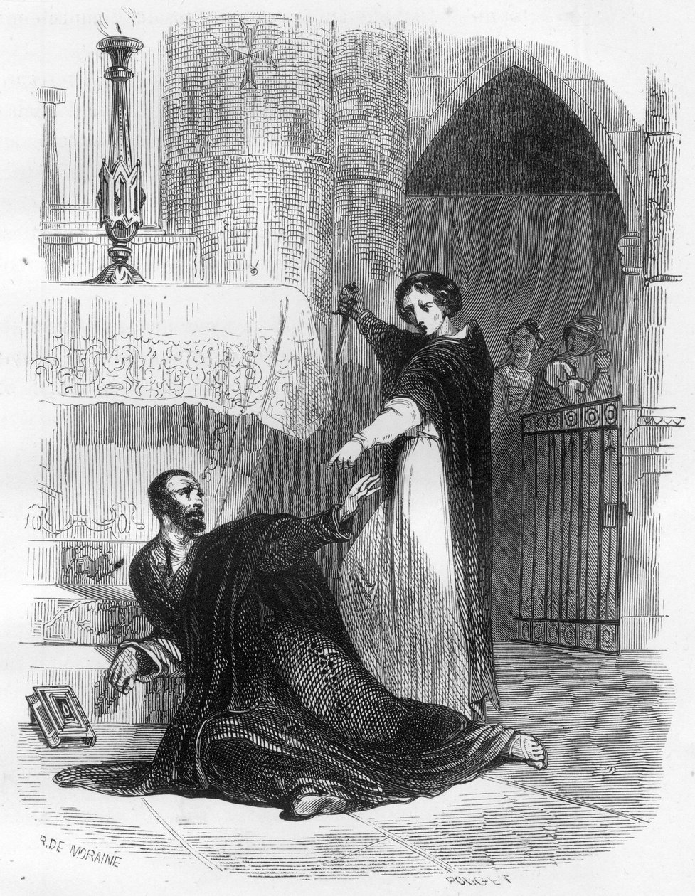 Inkvisitoren Pedro (Peter) av Arbues (1441/1442 - 1485) døde i katedralen i Zaragoza (Zaragoza) i september 1485. Illustrasjon i "" Mysteres of the Inquisition and Other Secret Societies of Spain"" Av Victor de Fereal, Suberwick, Manuel av Anonymous Anonymous