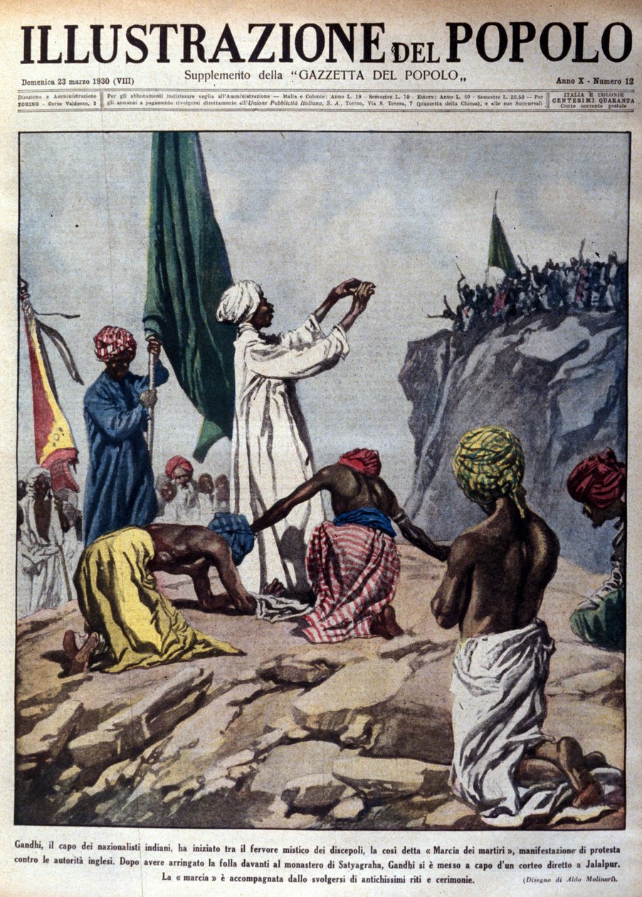 Demonstrasjon ledet av den politiske lederen Mohandas Karamchand Gandhi (1869-1948) for å protestere mot engelske myndigheter, som skildrer en seremoni under den såkalte Martyrs-marsjen mot Jalaipur. Illustrasjon hentet fra "" L