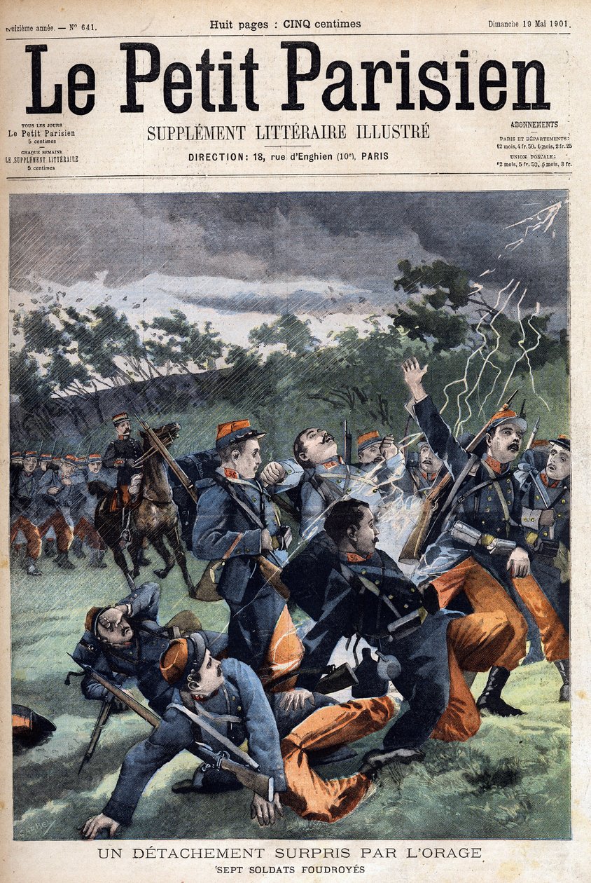 Detachment of soldiers surprised by the storm: seven soldiers will be struck, in “” Le Petit Parisien”” on 19/05/1901 (engraving) av Anonymous Anonymous