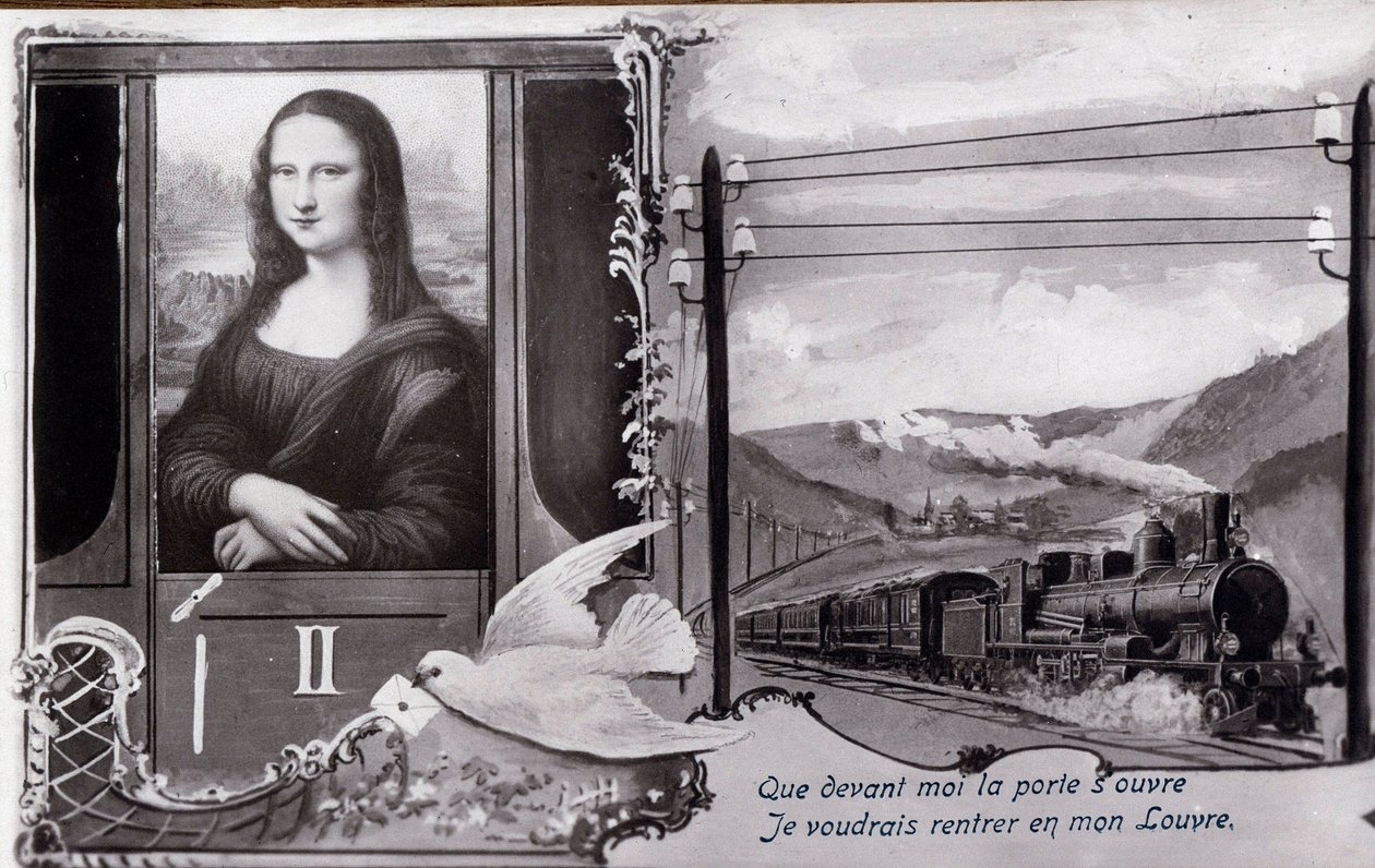 Omkjøringsrepresentasjon av "" Mona Lisa"" (Mona Lisa, Monna Lisa) av Leonard de Vinci (Leonardo da Vinci) (1452-1519):"" Maleriet er representert på et tog som ønsker å finne museet sitt. Komediepostkort redigert på tidspunktet for tyveriet av verket av av Anonymous Anonymous