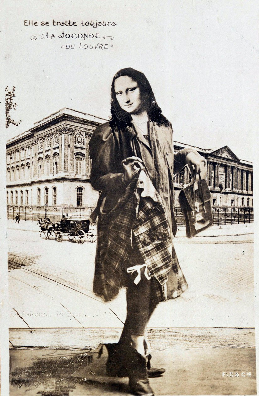 Omkjøringsrepresentasjon av «The Mona Lisa» av Leonard de Vinci (Leonardo da Vinci) (1452-1519): Mona Lisa (Monna Lisa) representert i et rutete skjørt som reiser verden rundt. Komediepostkort redigert på tidspunktet for tyveriet av verket av Vincenzo Peru av Anonymous Anonymous