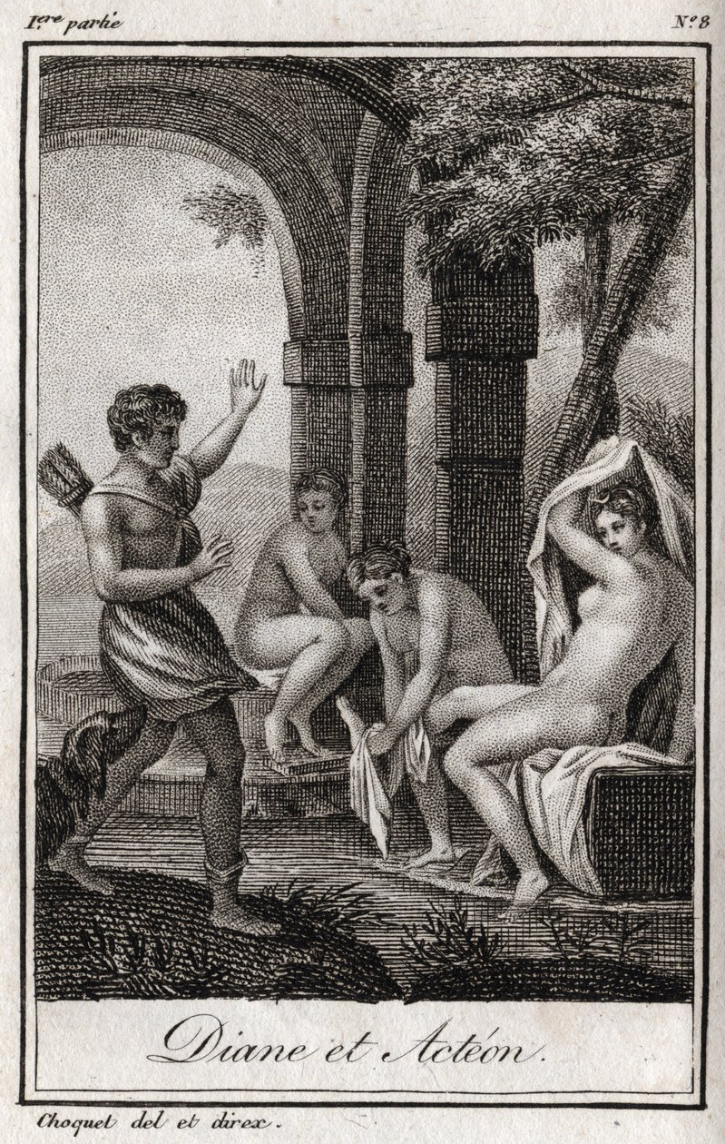 Diane and Acteon (Diana and Actaeon) Diane surprised in the bath by the hunter Acteon. Engraving from 1819 in “Lettres a Emilie sur la mythologie” by Charles Albert Demoustier (1760-1801). Private collection. av Anonymous Anonymous