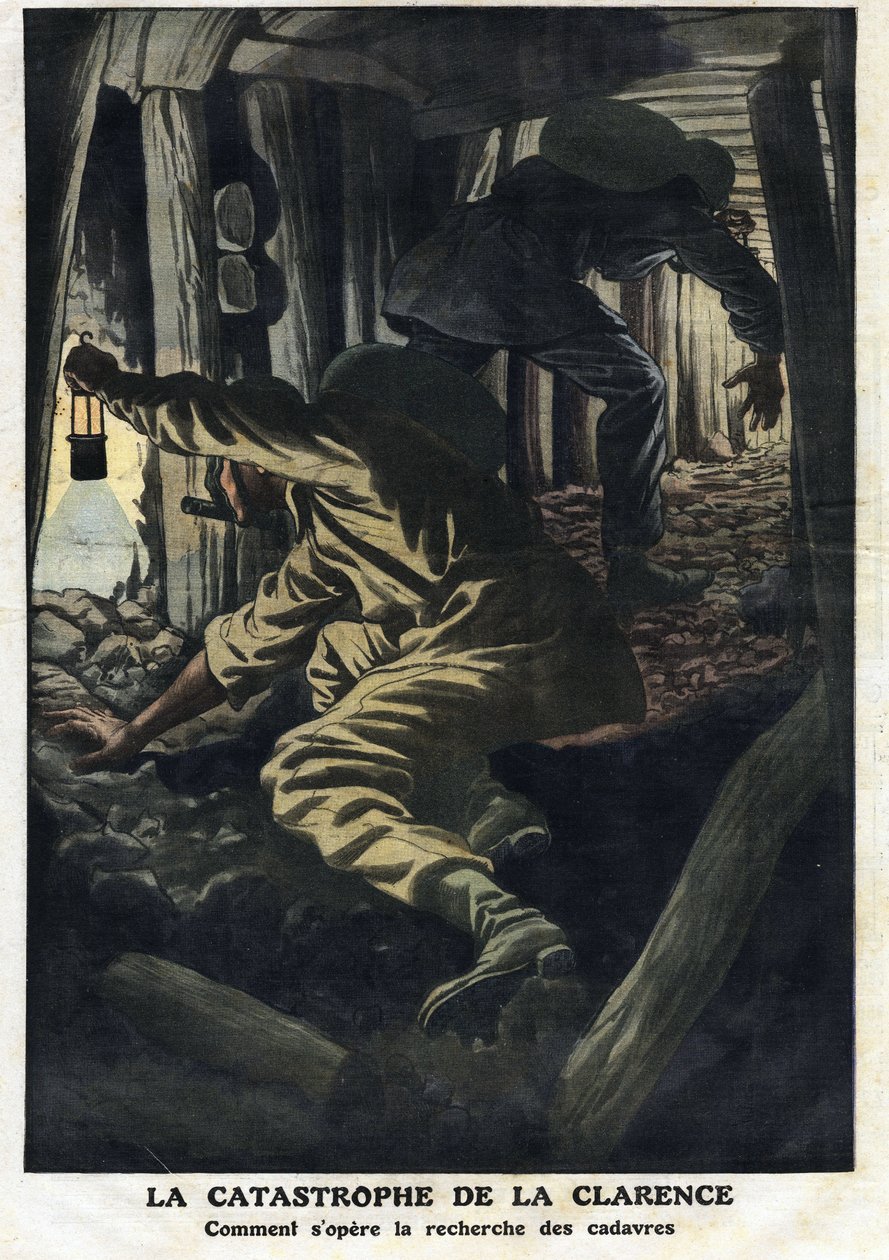 Disaster of the Clarence mine (Nord pas de calais): rescue efforts are trying to recover the bodies of the victims of the firedamp explosion. Illustration taken from “” Le Petite Journal”” 22/09/1912 Private collection. av Anonymous Anonymous
