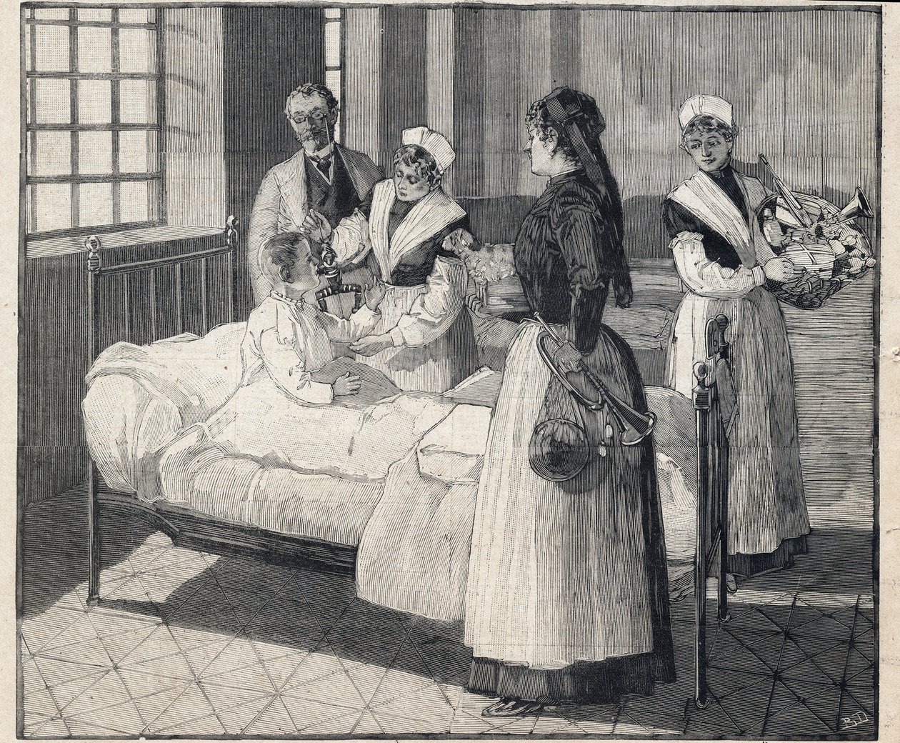Utdeling av leker til offentlige velferdsbarn 1. nyttårsdag. Gravering i "" Le Petro Parisien"" 8/01/1893. Privat samling av Anonymous Anonymous