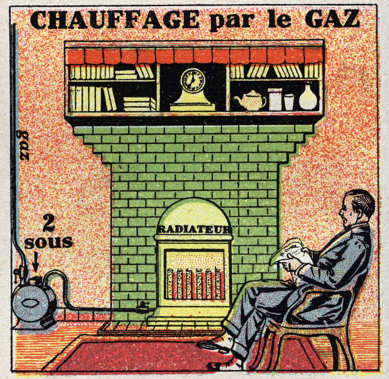Boligoppvarming: gassoppvarming. Anonym illustrasjon fra 1925. Privat samling. av Anonymous Anonymous