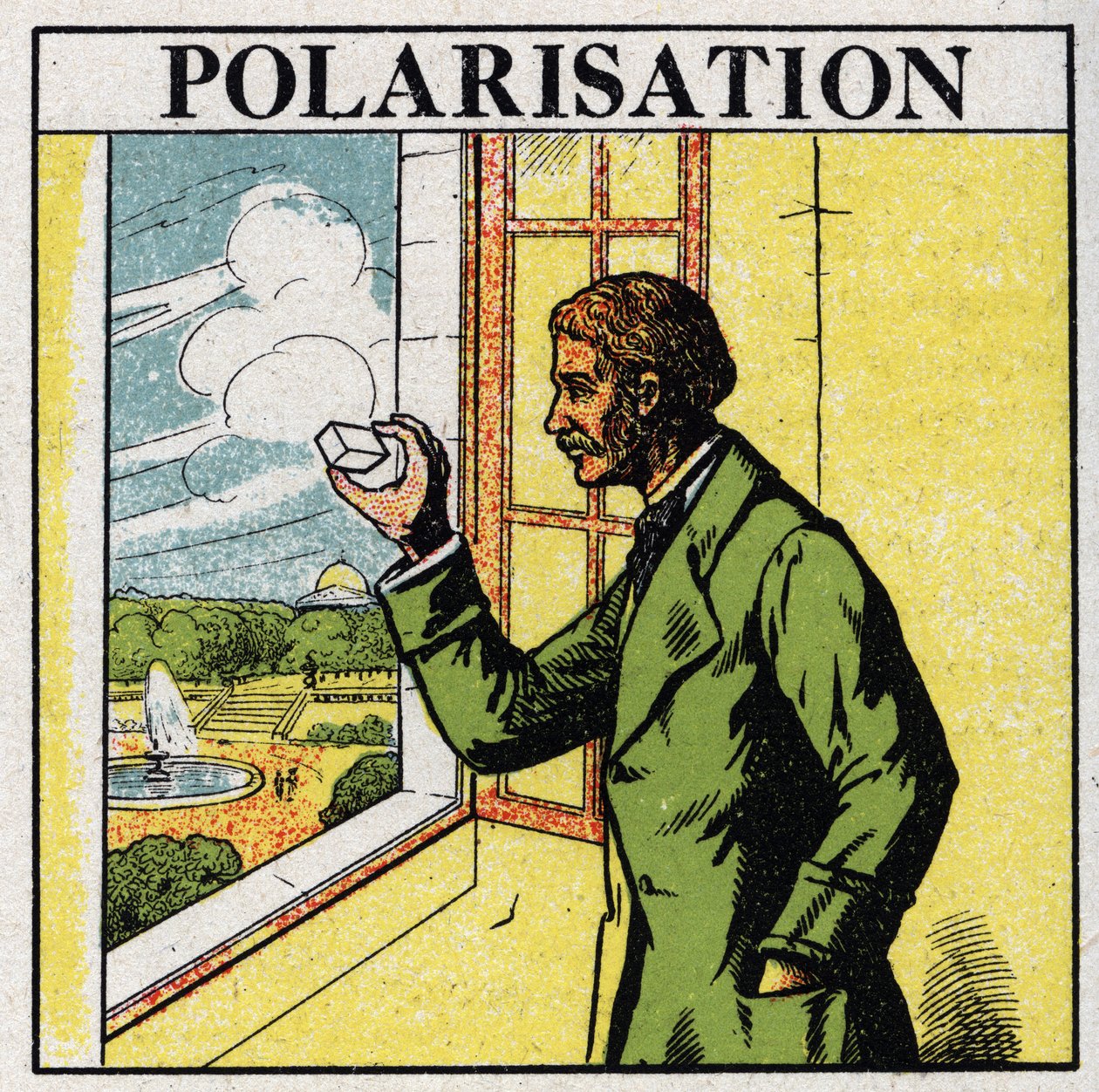 Double refraction: Etienne Louis Malus (1775-1812) observes through a spath the light of the setting sun reflected by the glass windows of Luxembourg in 1808. Anonymous illustration from 1925. Private collection. av Anonymous Anonymous