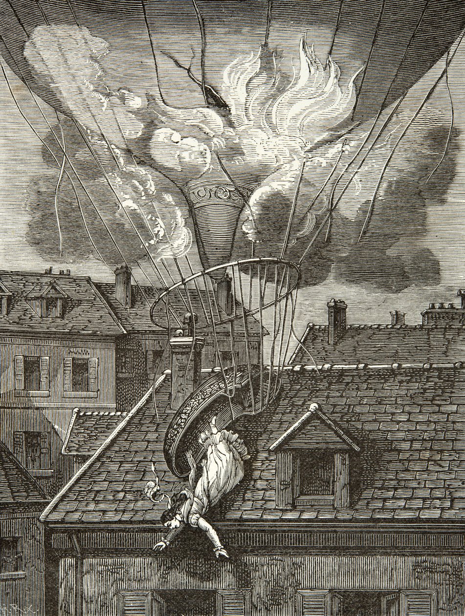 Dramatisk død av Madame Sophie Blanchard (1778-1819), aeronaute 6. juli 1819 over hagene til Tivoli i Paris, gravering, privat samling av Anonymous Anonymous