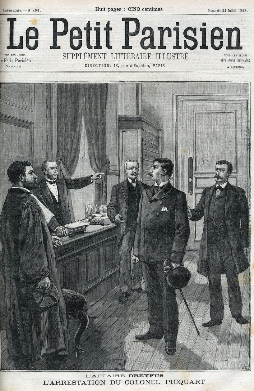 Dreyfus-saken, i 1898, arrestasjonen av oberstløytnant Georges Picquart (1854-1914). I "le petit Parisien" fra 1898. av Anonymous Anonymous