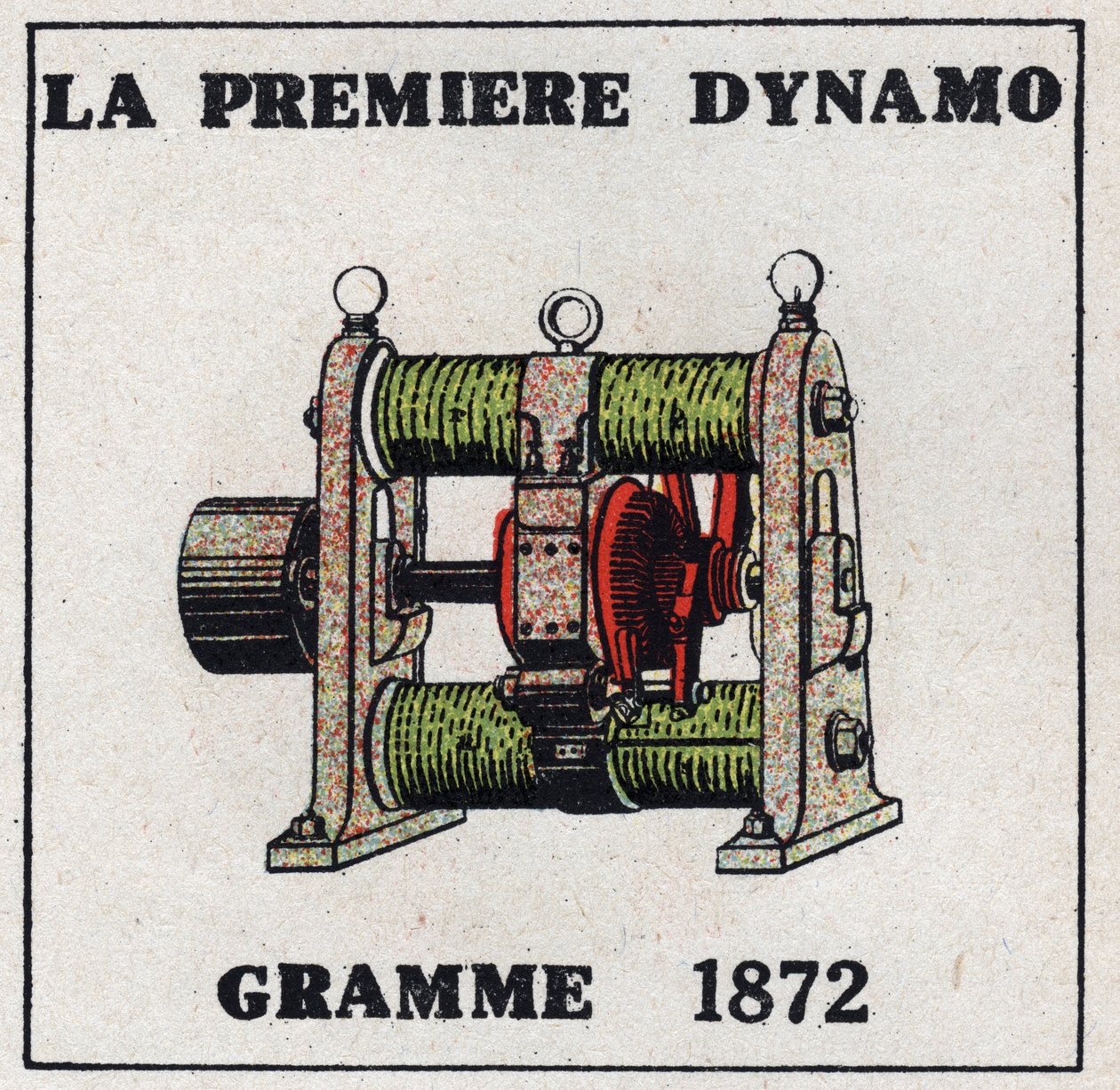 Dynamo: den første dynamoen oppfunnet av Zenobe Theophile Gram (1826-1901) i 1872. Anonym illustrasjon fra 1925. Privat samling. av Anonymous Anonymous