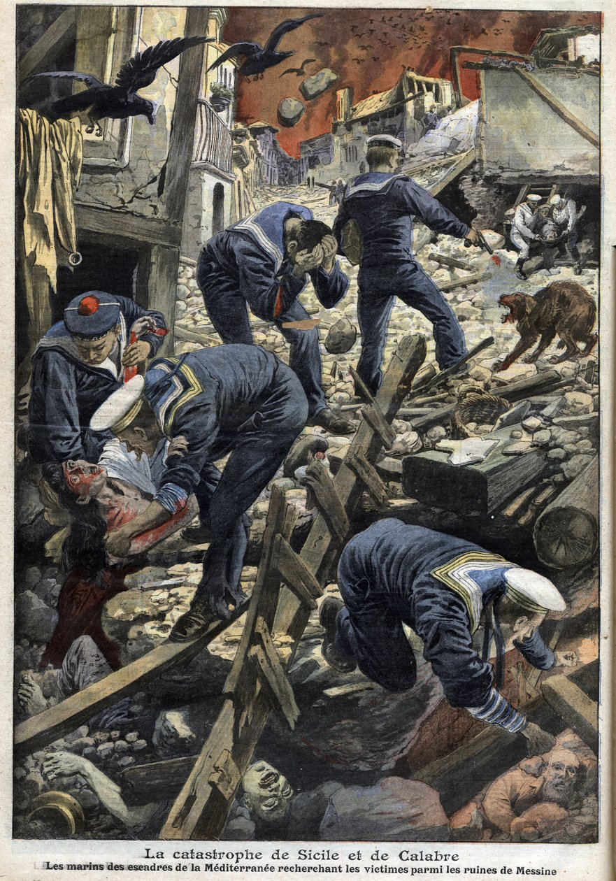 Jordskjelv på Sicilia, Calabria 1909 - Katastrofen på Sicilia og Calabria (jordskjelv) - Sjømennene i Middelhavet leter etter ofre blant ruinene av Messina - "" The Little Journal""" av januar 1909 av Anonymous Anonymous