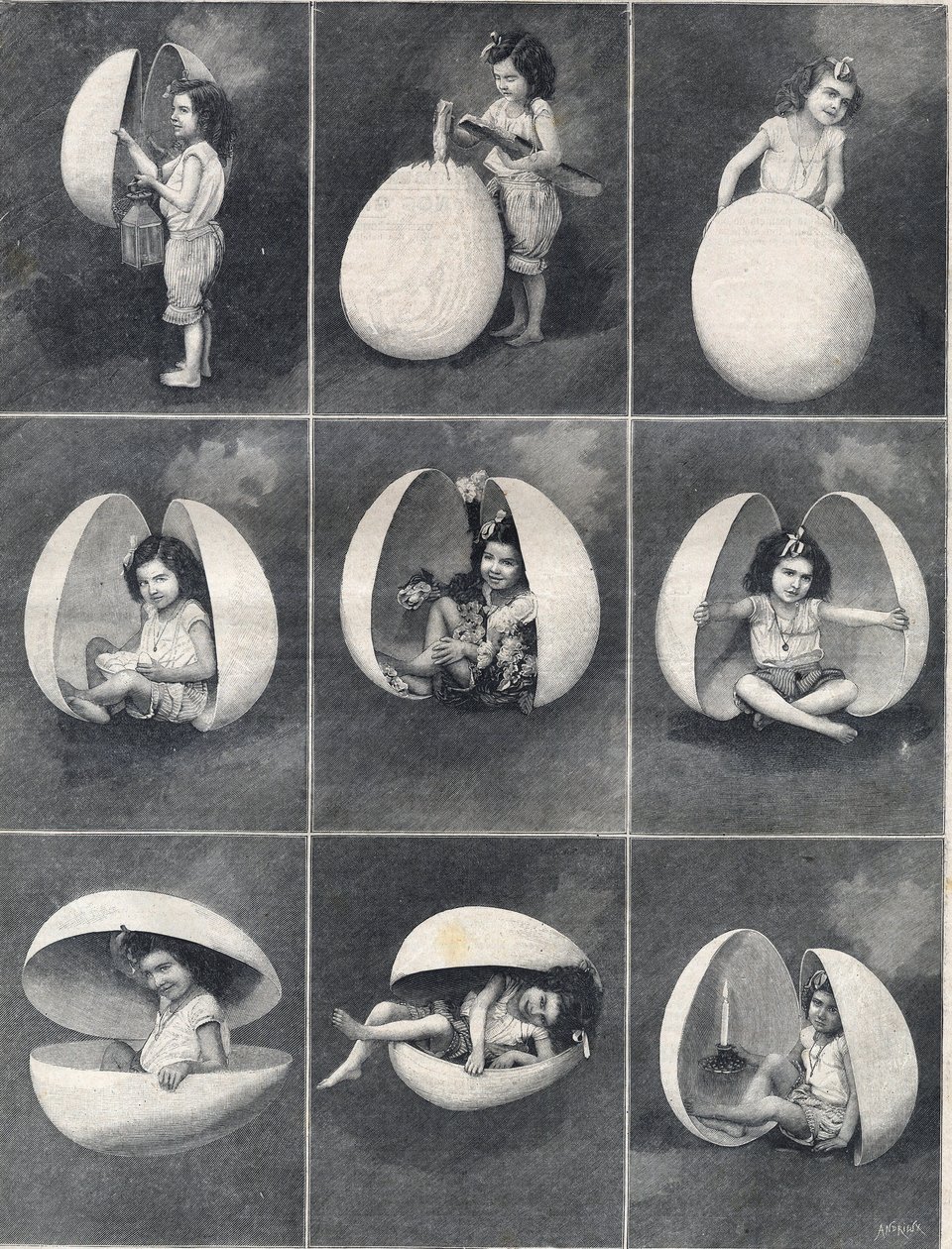 Påskeegg: en liten jente i et egg. Gravering i "" Le Petite Parisien"" av Anonymous Anonymous