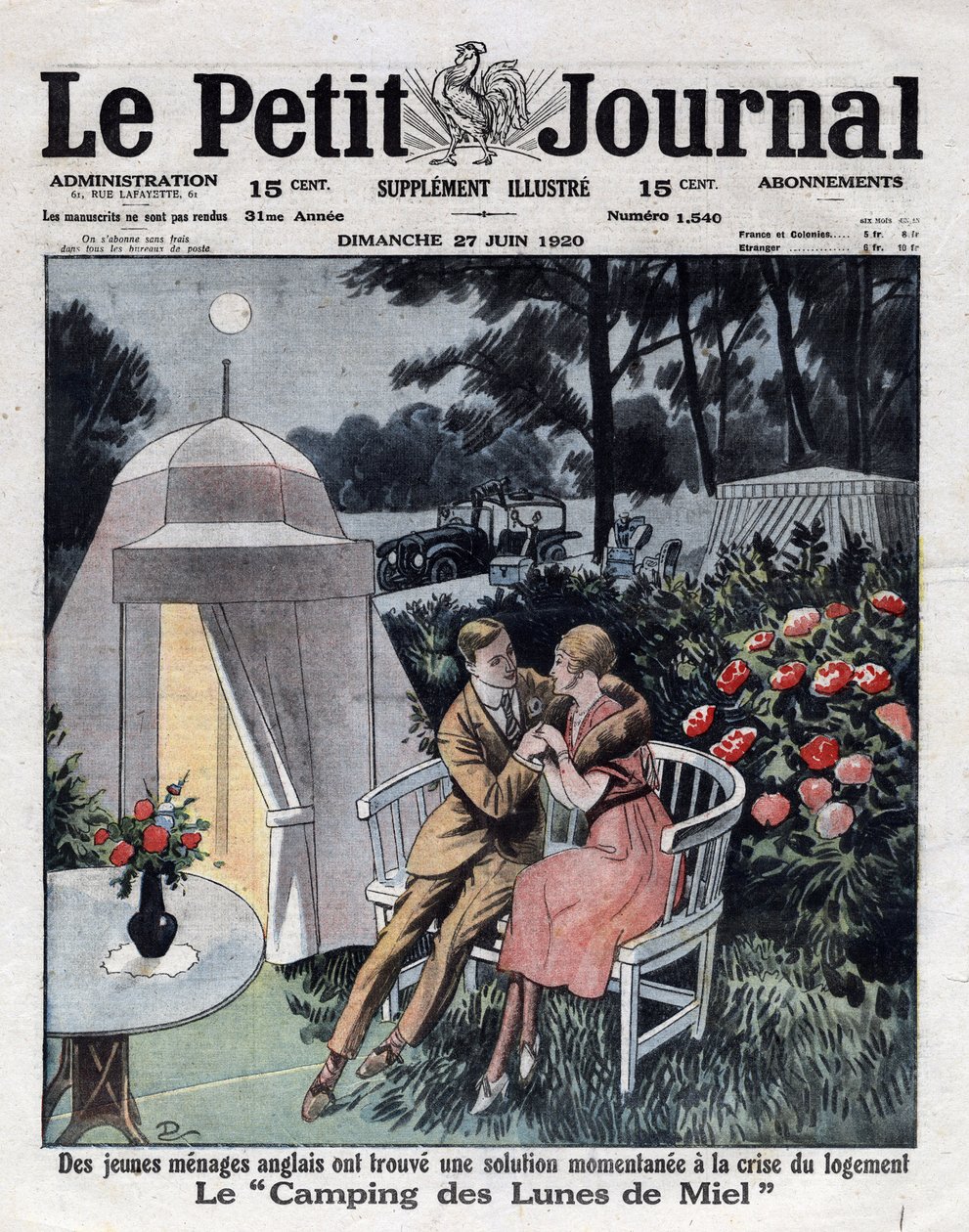 Økonomi og inflasjon i England: ektepar på en campingplass for bryllupsreise opprettet nær London for å svare på boligkrisen. Omslag til "" Le petit journal""" av 27.06.1920. Privat samling av Anonymous Anonymous