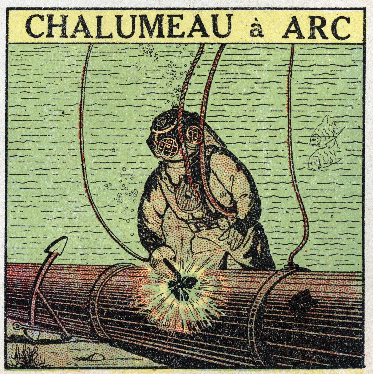 Electric tools: arc torch used by a scaphandler at the bottom of the water. Anonymous illustration from 1925. Private collection. av Anonymous Anonymous