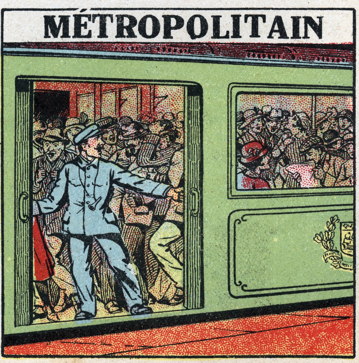 Elektriske trikker: passasjerer hoper seg opp i Metropolitain i Paris. Anonym illustrasjon fra 1925. Privat samling. av Anonymous Anonymous
