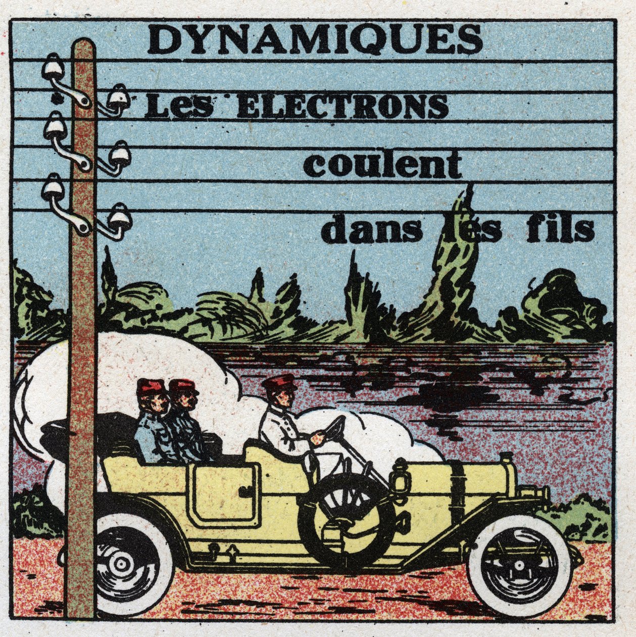 Elektriske fenomener: dynamiske fenomener. Elektroner strømmer gjennom elektriske ledninger. Anonym illustrasjon fra 1925. Privat samling. av Anonymous Anonymous