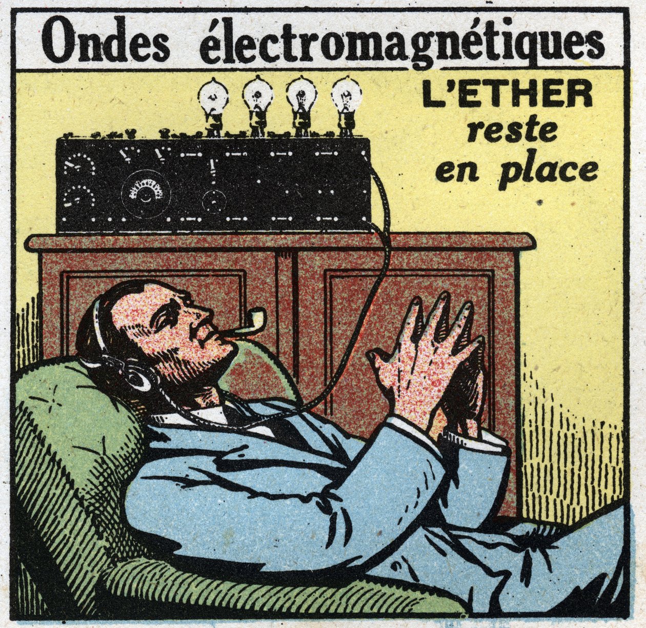 Elektriske fenomener: hvis eteren forblir på plass, gir vibrasjonsbevegelsen de elektromagnetiske bølgene som brukes i T.S.F. Anonym illustrasjon av 1925. Privat samling. av Anonymous Anonymous