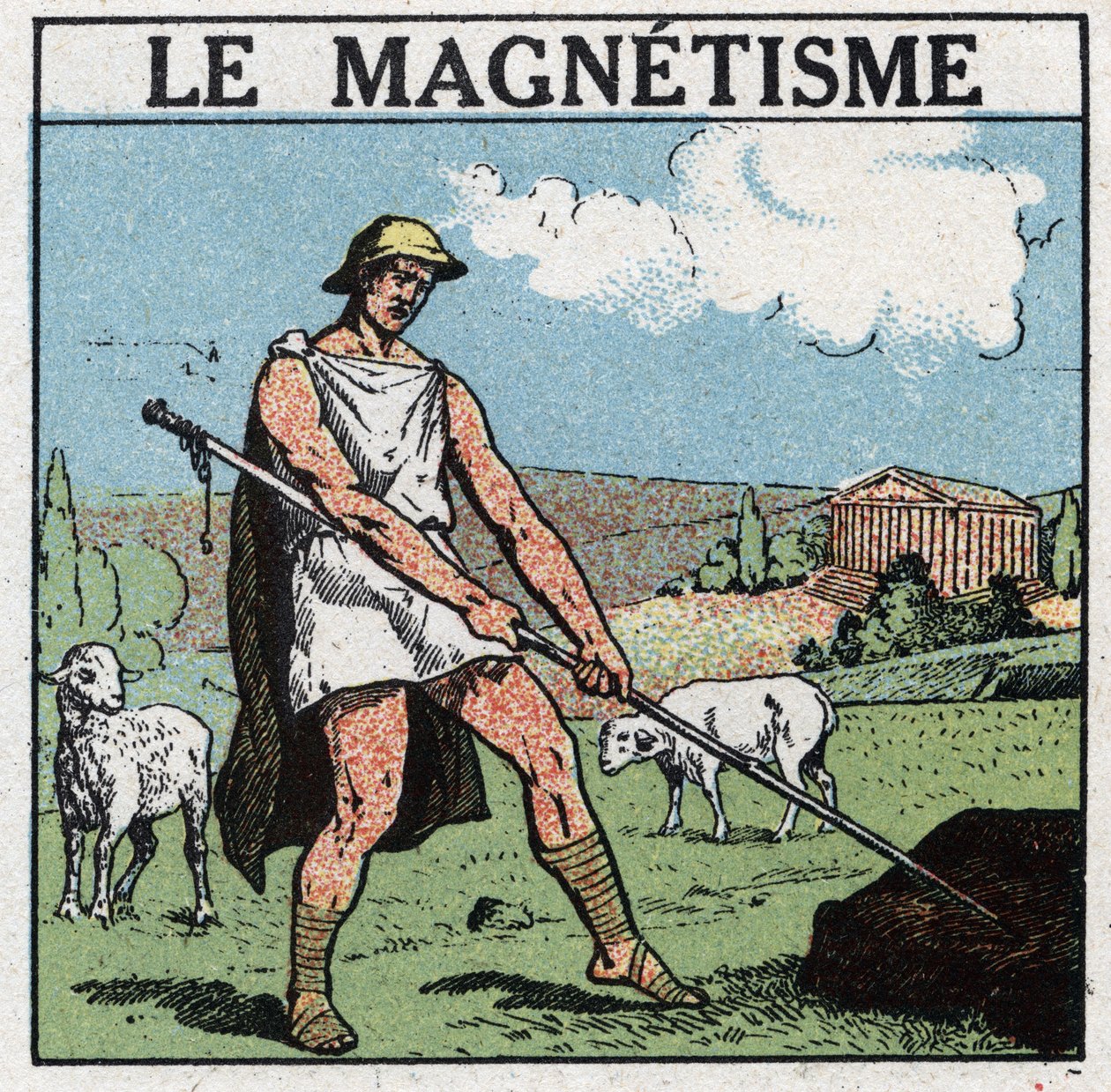 Electrical phenomena: magnetism was discovered in Antiquite. The Greek shepherd Magnes could not detach his iron stick from the ground. He found that this phenomene came from the attraction of a stone called magnetic oxide or magnetic oxide. Anonymous illu av Anonymous Anonymous