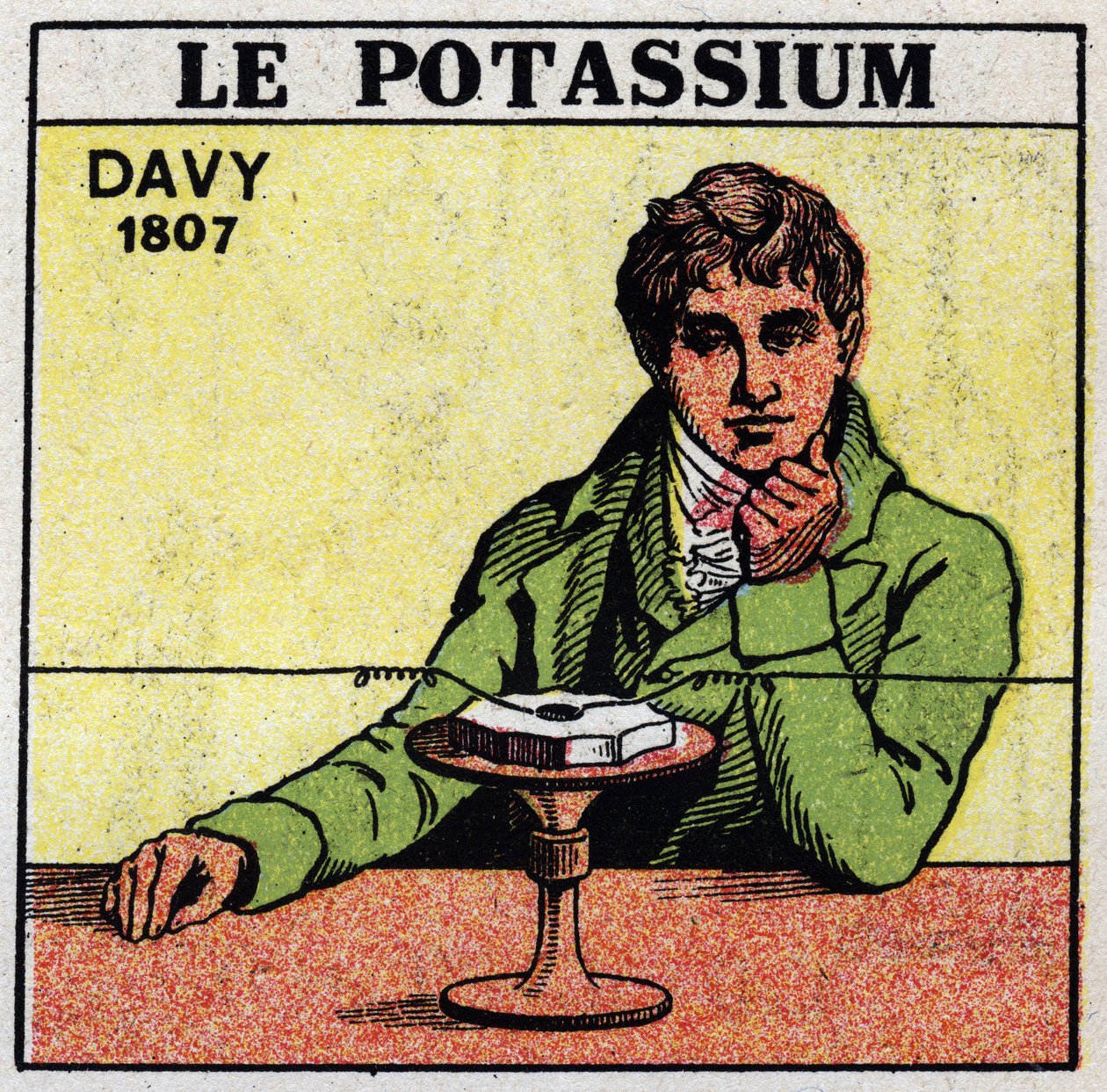Elektrokjemi: dekomponering av kalium (kalium) og brus av Sir Humphry Davy (1778-1829) i 1807. Anonym illustrasjon fra 1925. Privat samling. av Anonymous Anonymous