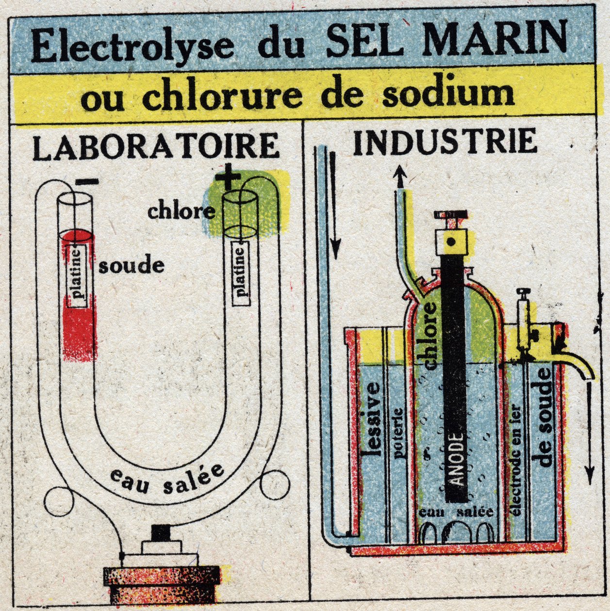 Elektrokjemi: elektrolyse av havsalt eller natriumklorid. Anonym illustrasjon fra 1925. Privat samling. av Anonymous Anonymous