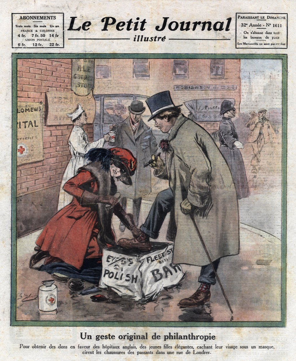 Elegante unge jenter, ansiktet deres gjemmer seg bak en maske, vokser skoene til London forbipasserende for å samle inn penger til engelske sykehus. Illustrasjon hentet fra "" Le petit journal illustrious""" av 06/11/1921. Privat samling av Anonymous Anonymous