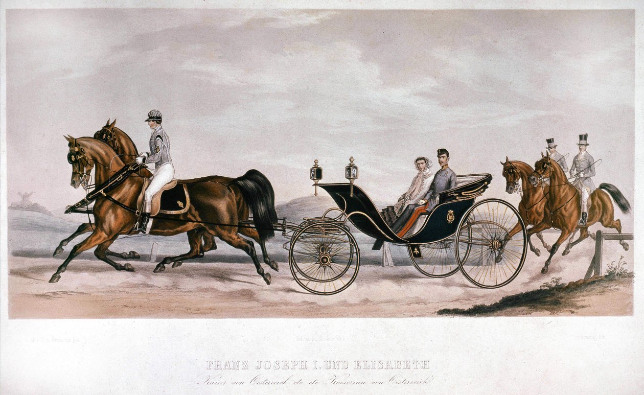 Elisabeth (Sissi) and François Joseph I (1830 - 1916) from Austria during a carriage ride. Engraving 19th century. Private Collection av Anonymous Anonymous