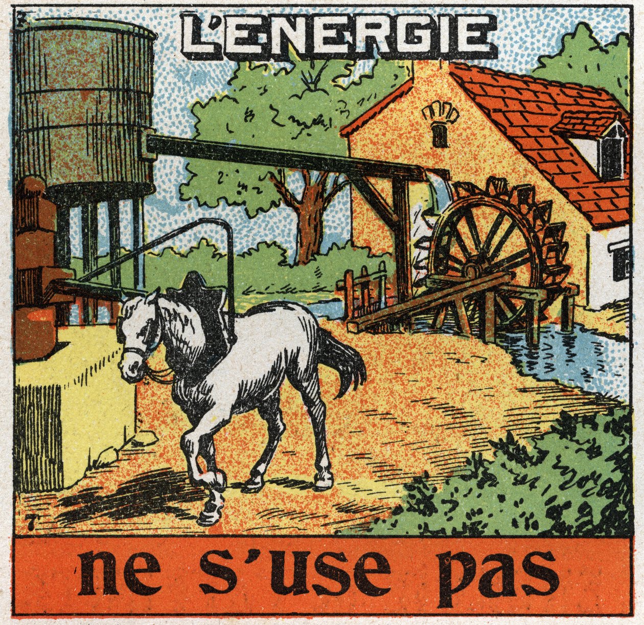 Energy does not wear out: horse attaches to a manege and hears water in a reservoir. Anonymous illustration from 1925. Private collection. av Anonymous Anonymous