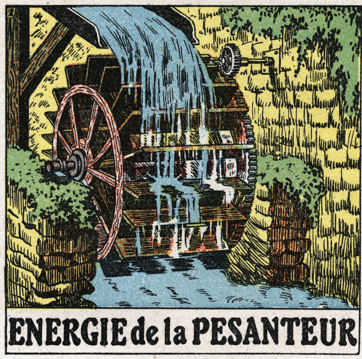 Energy of gravity: wheel of a water mill. Anonymous illustration from 1925. Private collection. av Anonymous Anonymous