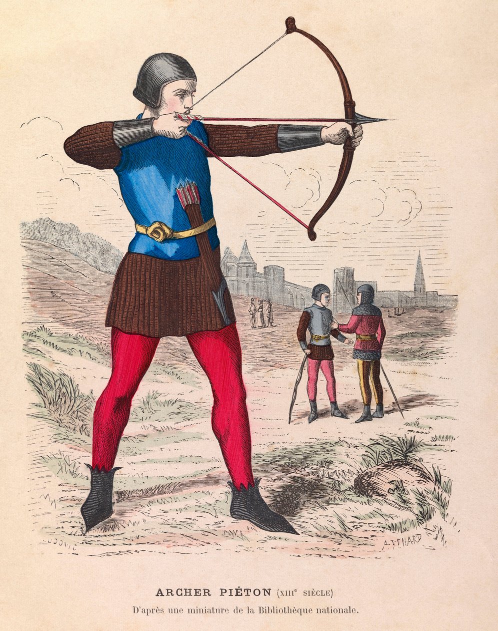 Gravering - Archer pieton du 13eme Siecle a Paris - Fotgjengerbueskytter i Paris på 1200-tallet - privat samling av Anonymous Anonymous