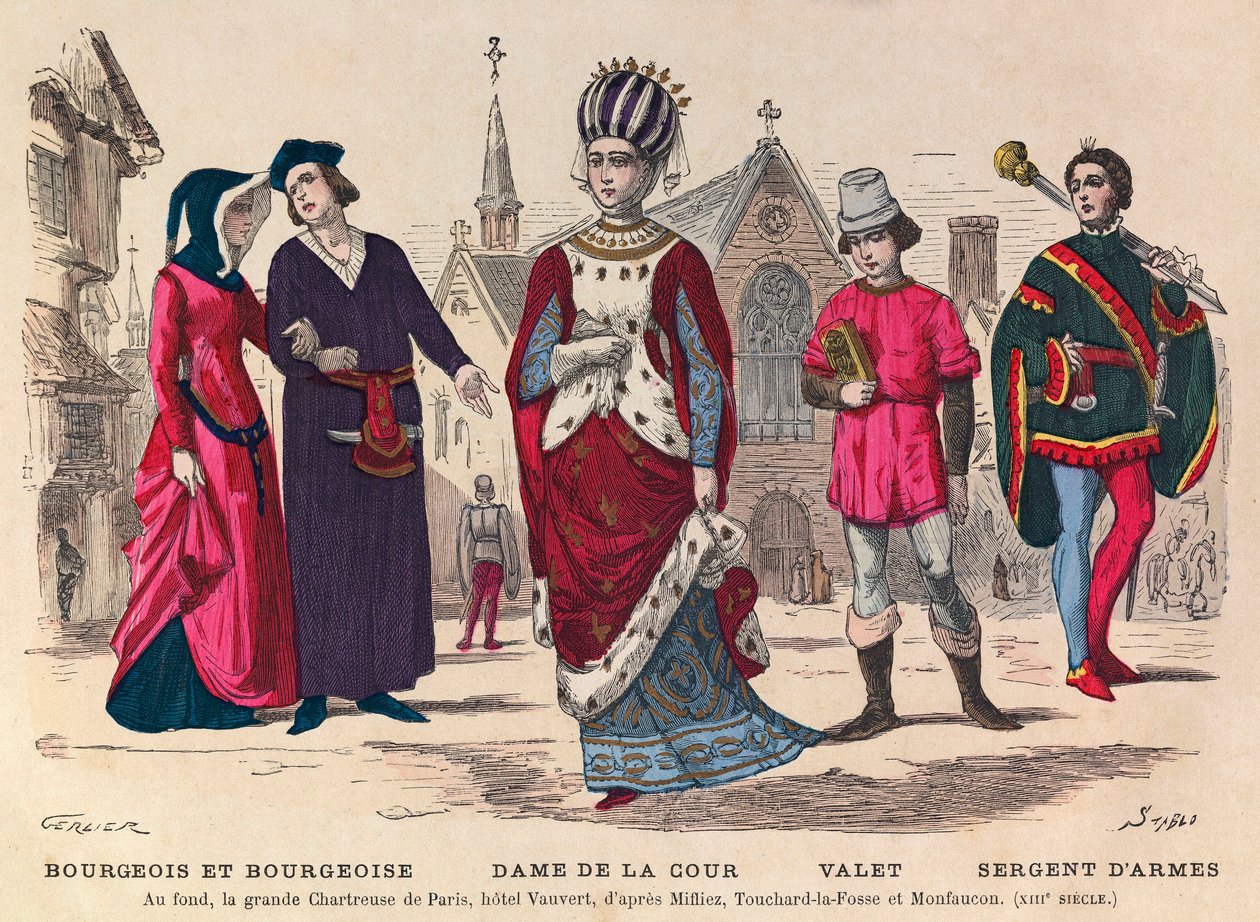 Gravering - Bourgeois et bourgeoise, hoffdame, betjent, sersjant-at-arm i Paris på 1200-tallet (i bakgrunnen la grande Chatreuse de Paris, hotel Vauvert) - Hofdrakter i Frankrike på 1200-tallet - privat samling av Anonymous Anonymous
