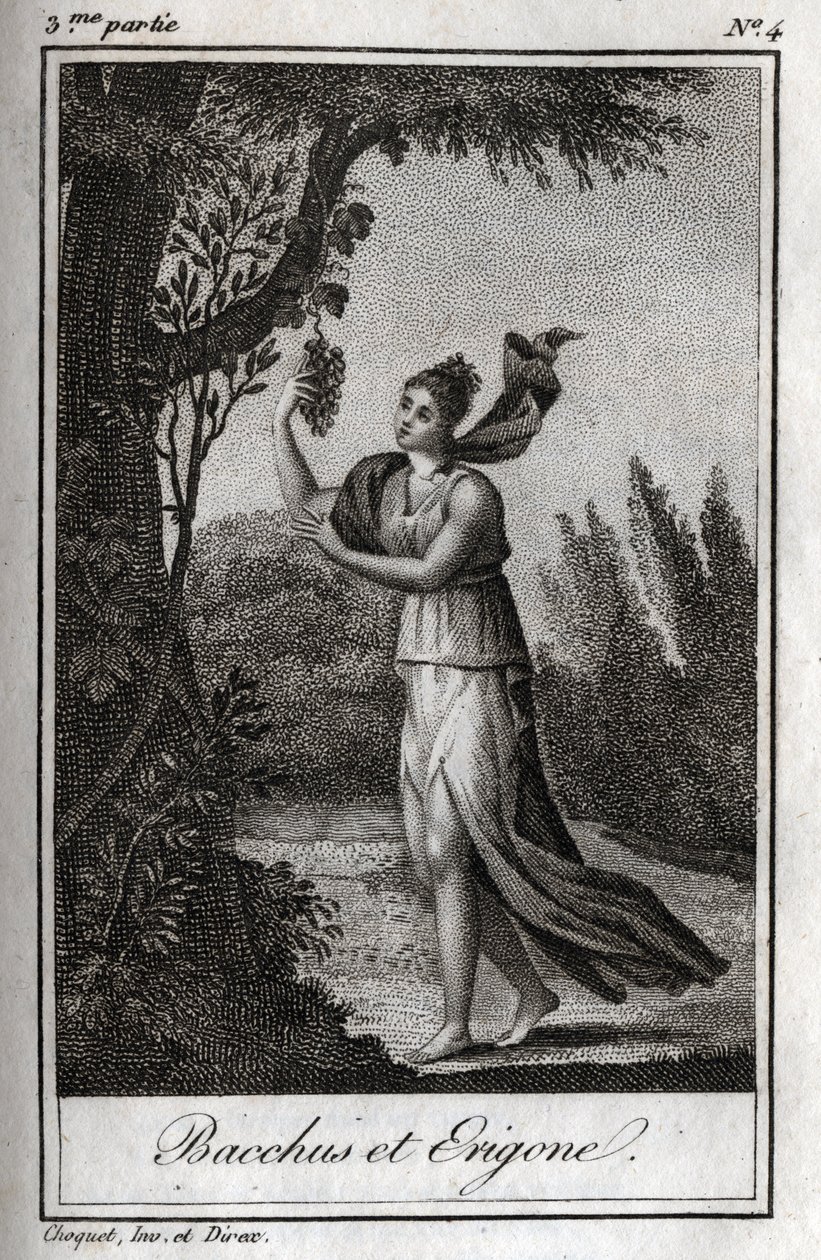 Erigo og Bacchus, gravering av 1819 i "Letters to Emily on Mythology" av Charles Albert Demoustier (1760-1801). Privat samling. av Anonymous Anonymous