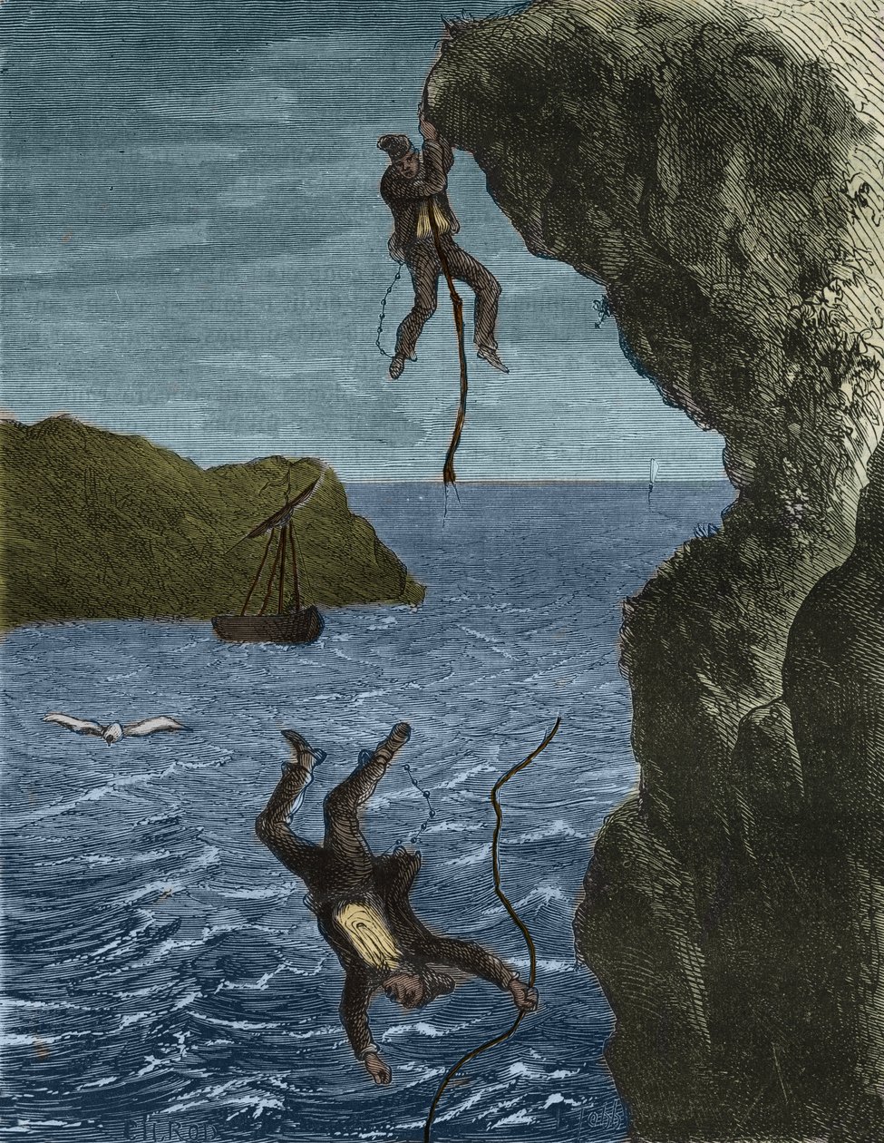 Rømning av to styrker fra fengselet til Belle-Ile-en-Mer (vakker øy til sjøs) på 1800-tallet. Gravering i «Fangernes historie fra deres skapelse til i dag» (1877) av Pierre Zaccone (1817-1895) (Colonia Penale - Straffekoloni). Privat samling av Anonymous Anonymous