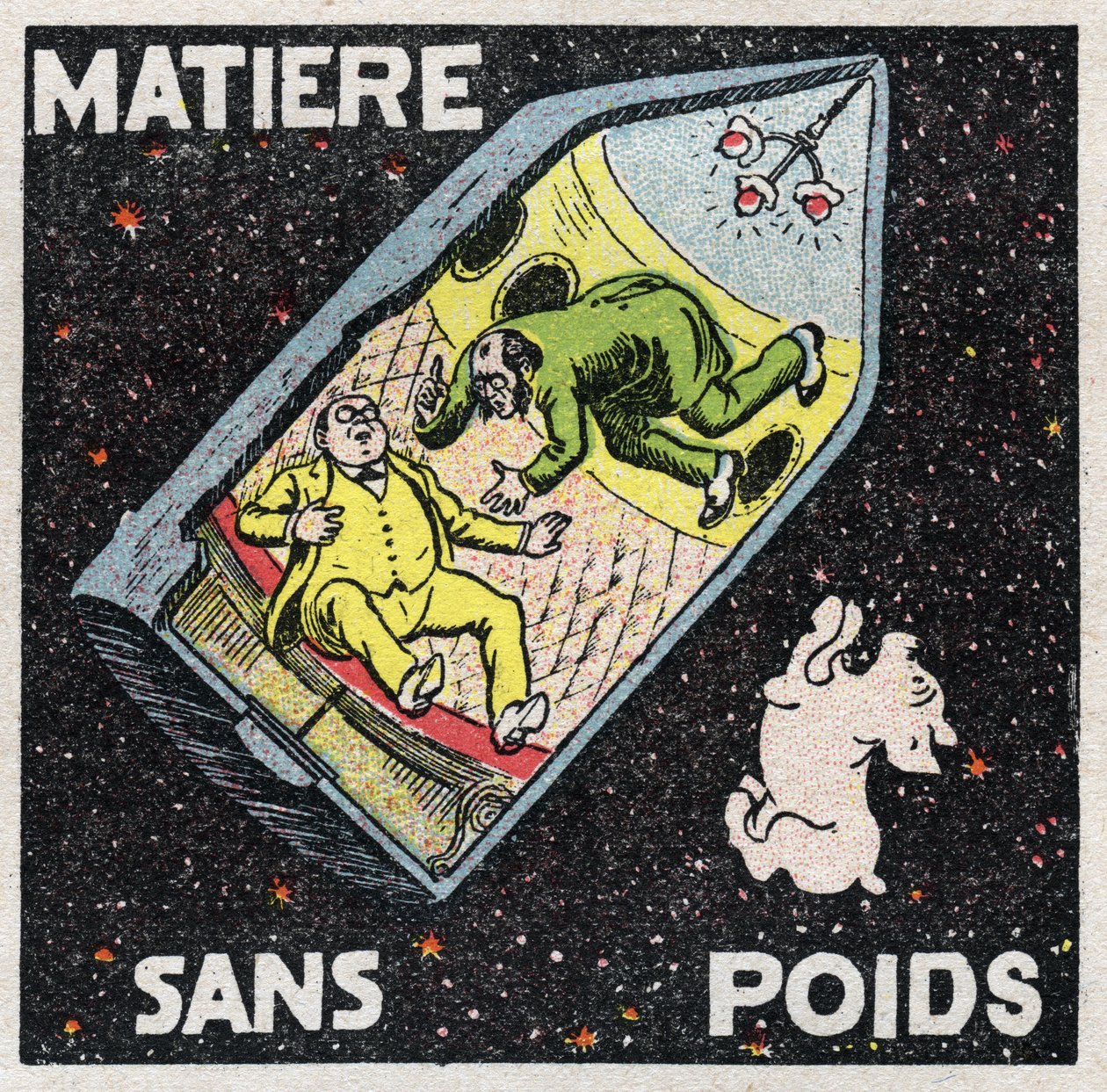 Eter (materiale): materiale uten vekt. Scene av romanen av Jules Verne (1828-1905) "Fra jord til måne" hvor skallet som frakter passasjerer krysset punktet hvor tiltrekningen av jorden og månen er lik og motsatt. Karakterene er wei av Anonymous Anonymous