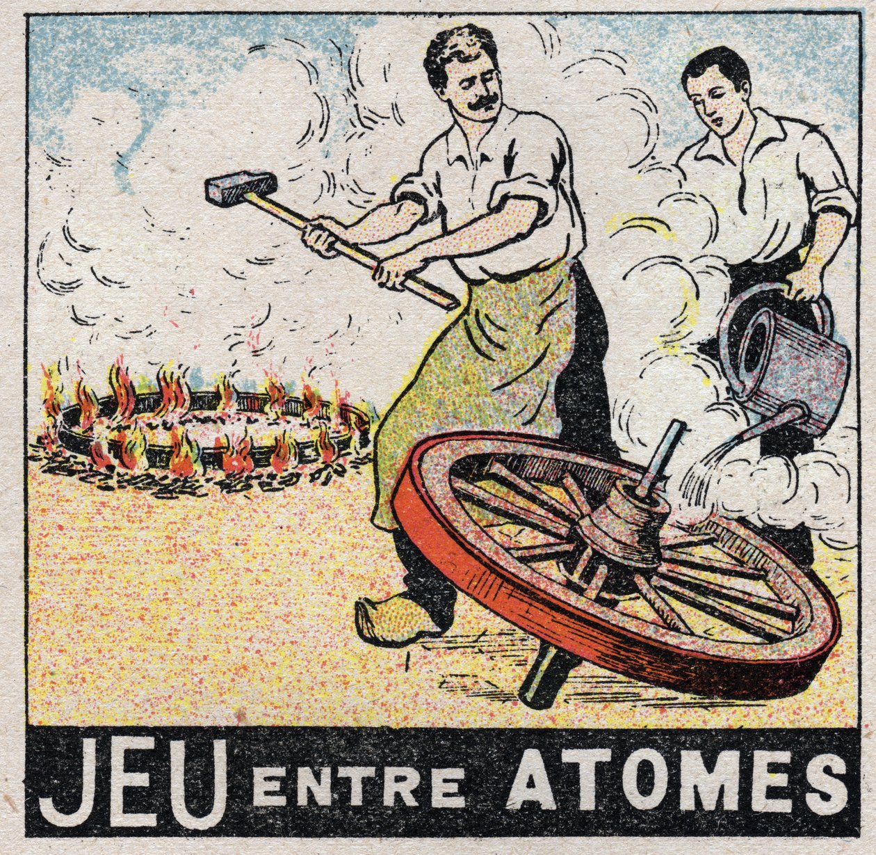 Ether (material): play between atoms. Charrons making a wheel. Anonymous illustration from 1925. Private collection. av Anonymous Anonymous