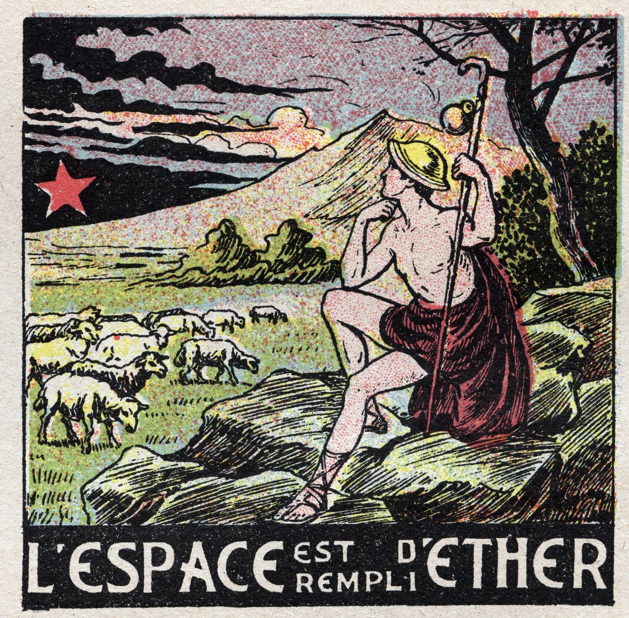 Ether (material): the space is filled with ether. A shepherd from Antiquite contemplating the sky. Anonymous illustration from 1925. Private collection. av Anonymous Anonymous