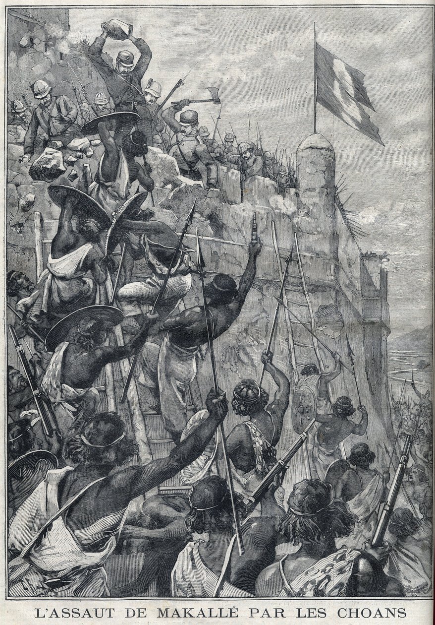 Etiopia: Angrepet av Makalle av Choans av Menelik II mot den italienske hæren. Etiopia. Gravering i "" Le Petite Parisien"" av Anonymous Anonymous