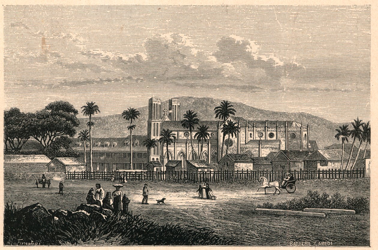 Utvendig utsikt over katedralen i Port of Spain i Trinidad og Tobago, Trinidad og Tobago. Gravering i "The Catholic Missions in the Nineteenth Century" av Louis-Eugene (Louis Eugene) Louvet. privat samling. av Anonymous Anonymous