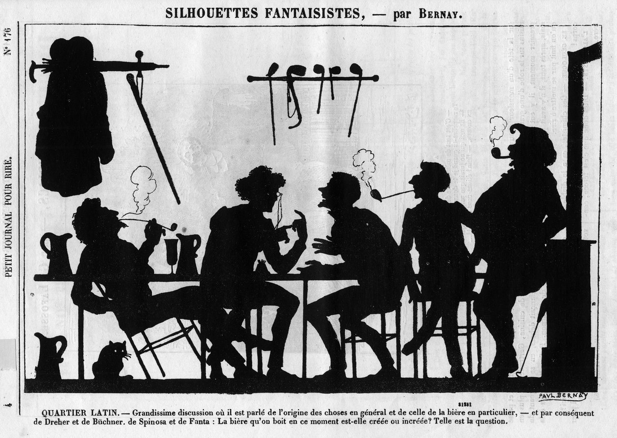Fantastiske silhuetter av Bernay. Tegneserie om parisiske intellektuelle: "" Latinerkvarteret. Flott diskusjon der det snakkes om opprinnelsen til ting generelt og øl spesielt...” Gravering i “” Petity Journal pour Rire”” av Anonymous Anonymous