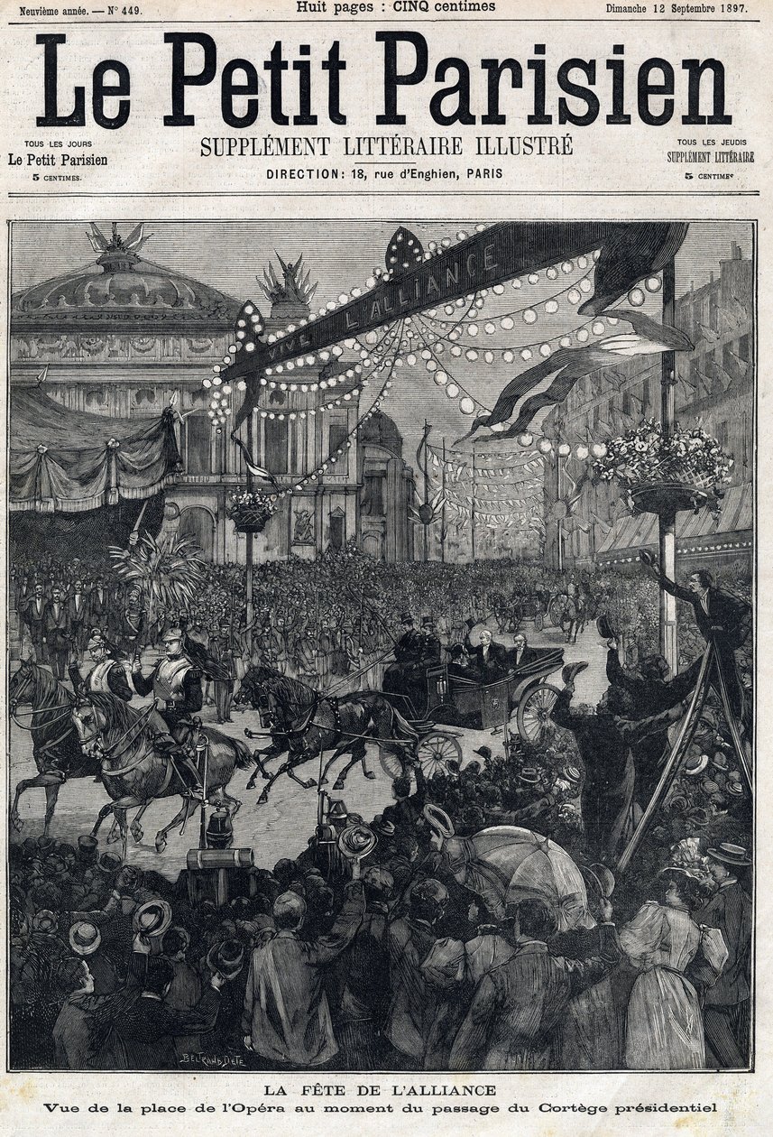 Fest for den fransk-russiske alliansen (fransk-russisk): utsikt over operaplassen under passasjen av presidentkortegen til Felix Faure (1841-1899). I "" Le Petit Parisien"" den 12.09.1897. Privat samling av Anonymous Anonymous